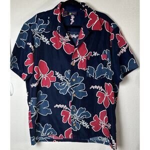 Roundy Bay Men’s Blue Colorful Floral Hawaiian BUTTON UP SHIRT Size Large